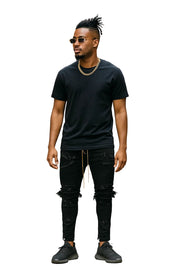 Mens Destroyed Skinny Jeans - Frayed Knee Denim with Zipper Ankles, Paint FX, Streetwear Skinny Streetwear Jeans