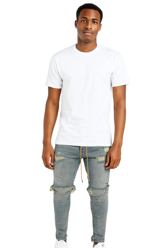 Mens Destroyed Skinny Jeans - Frayed Knee Denim with Zipper Ankles, Paint FX, Streetwear Skinny Streetwear Jeans