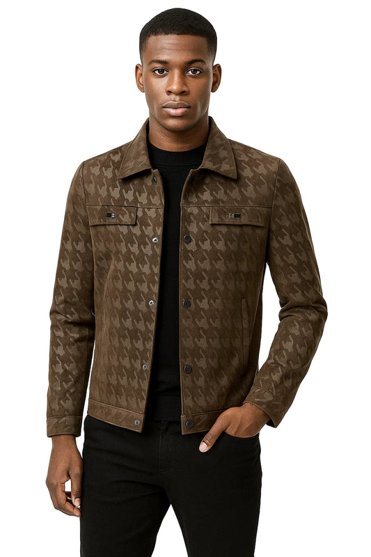 Men’s Houndstooth Shadow Jacket – Button-Up Streetwear Luxury Jacket, Casual Lapel Fit, Luxe Street Outerwear