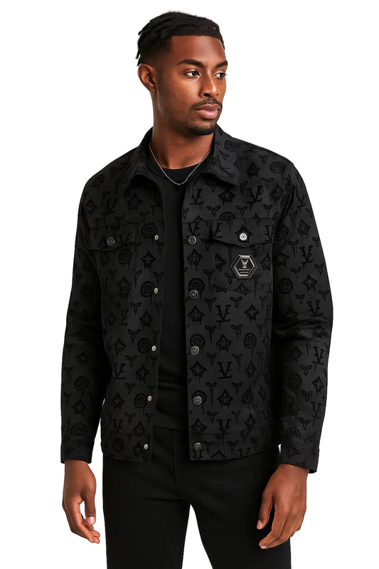 Men’s Black Monogram Flower Jacket – Slim Fit Street Luxury Outerwear, Turn-Down Collar, Button-Up Statement Coat