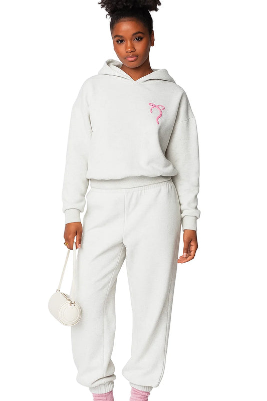 Women’s 2-Piece Bow Embroidered Cotton Hoodie & Jogger Set - Soft Velour Feel Tracksuit | Casual High-Waist Pants