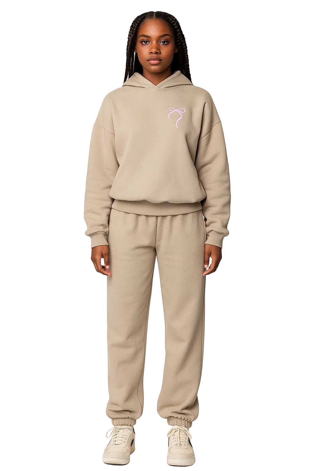 Women’s 2-Piece Bow Embroidered Cotton Hoodie & Jogger Set - Soft Velour Feel Tracksuit | Casual High-Waist Pants