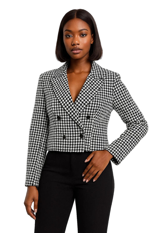Autumn Thousand Grid Blazer - Women's Long Sleeve Double Breasted Jacket | European Style Casual Suit Coat