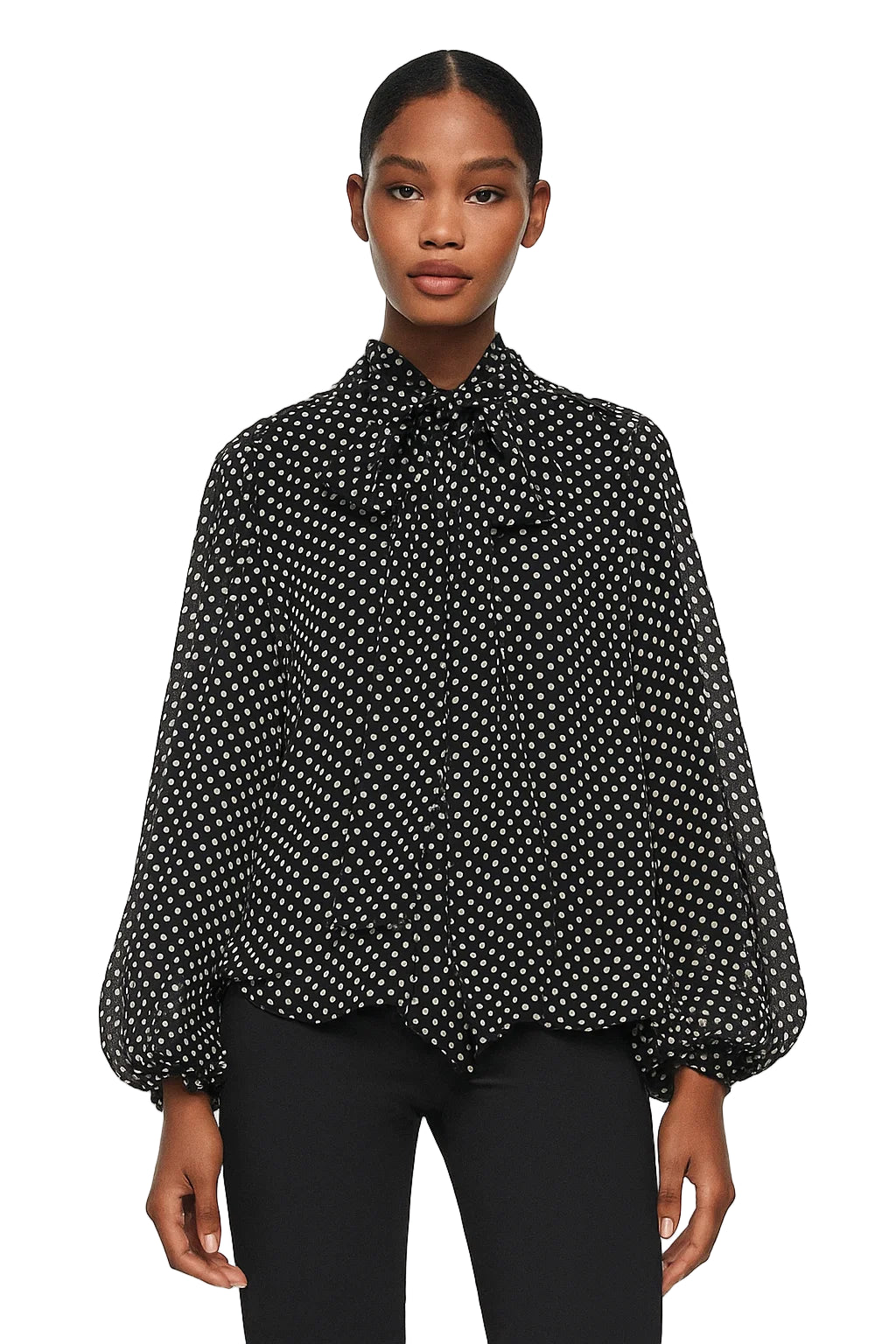 Bow Embellished Polka Dot Cape-Style Loose Shirt - Women’s Fashion Top with Ribbon Collar & Long Sleeves