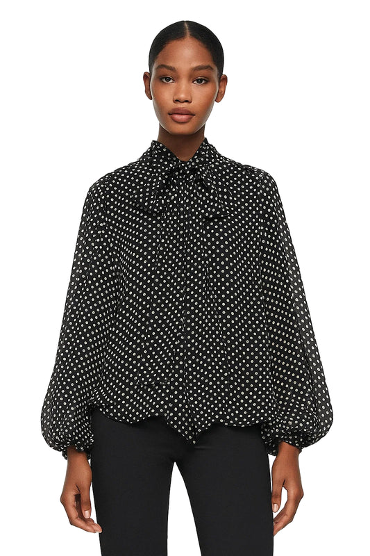 Bow Embellished Polka Dot Cape-Style Loose Shirt - Women’s Fashion Top with Ribbon Collar & Long Sleeves