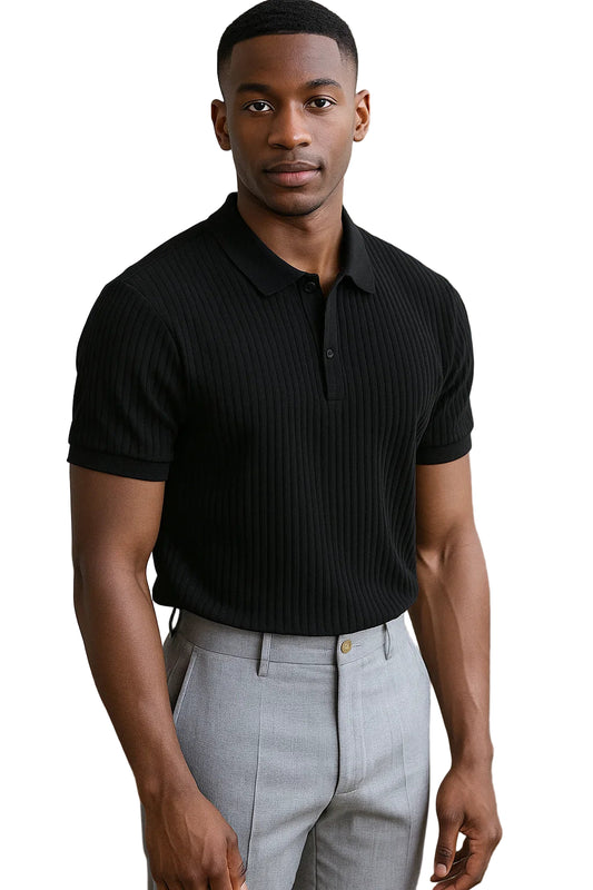 Vertical Stripe Knit Polo Men’s Shirt - Slim Fit Solid Color Breathable Short Sleeve Summer Top