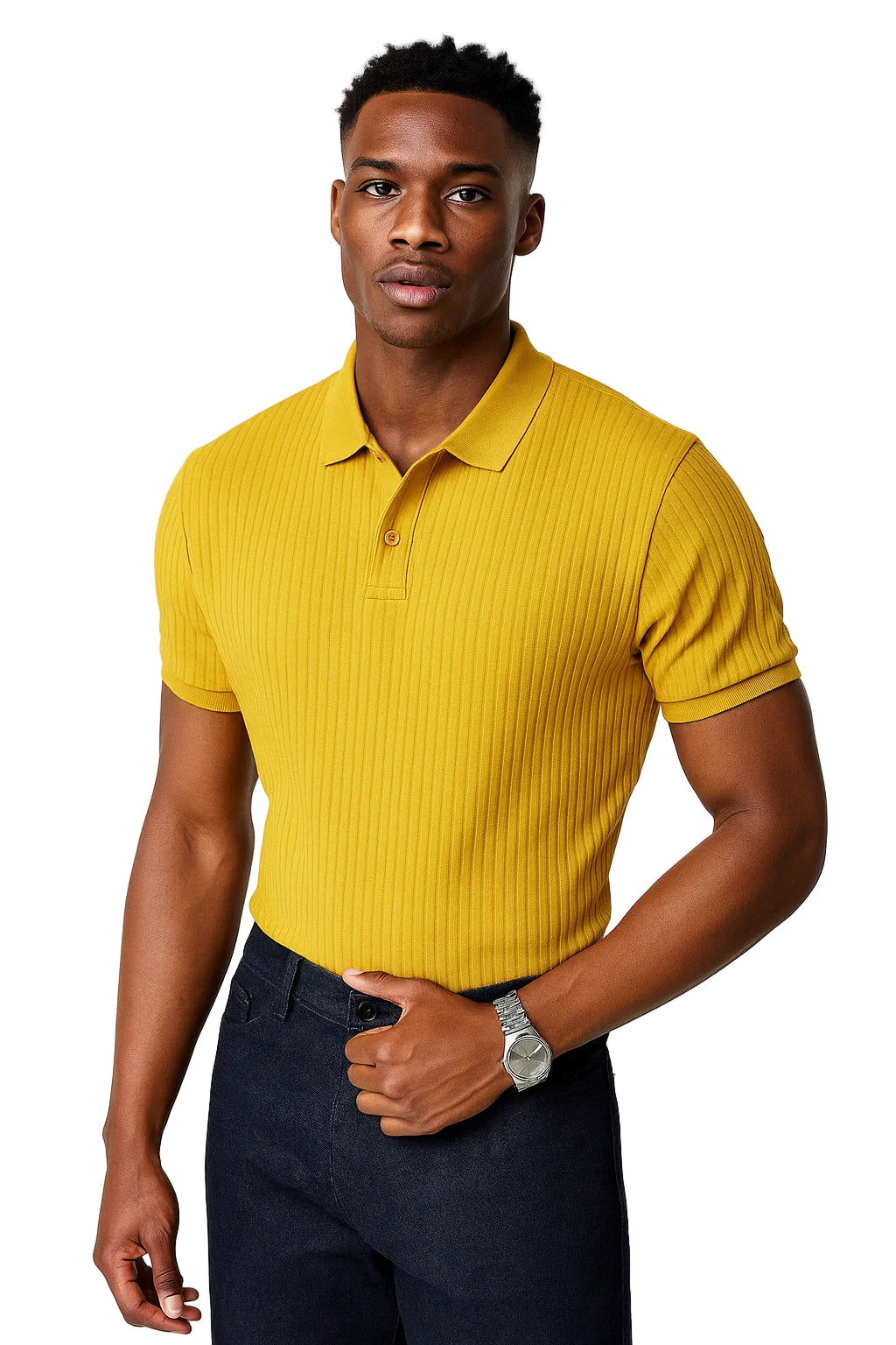 Vertical Stripe Knit Polo Men’s Shirt - Slim Fit Solid Color Breathable Short Sleeve Summer Top