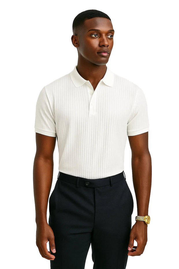 Vertical Stripe Knit Polo Men’s Shirt - Slim Fit Solid Color Breathable Short Sleeve Summer Top