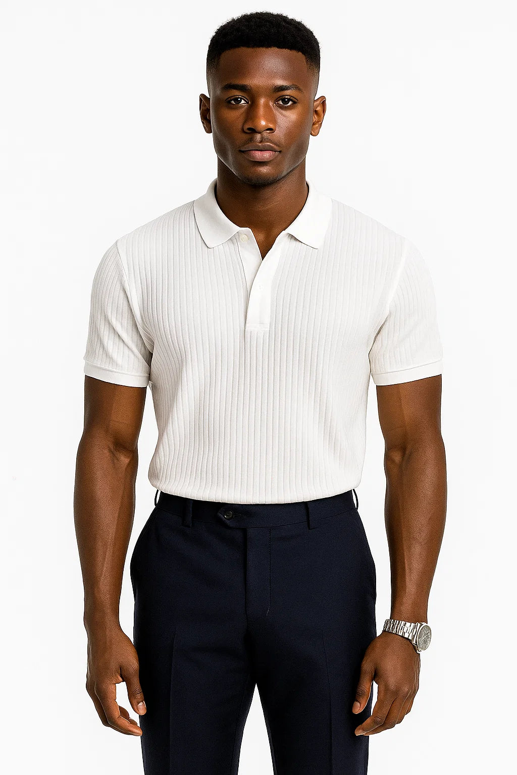 Vertical Stripe Knit Polo Men’s Shirt - Slim Fit Solid Color Breathable Short Sleeve Summer Top