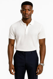 Vertical Stripe Knit Polo Men’s Shirt - Slim Fit Solid Color Breathable Short Sleeve Summer Top