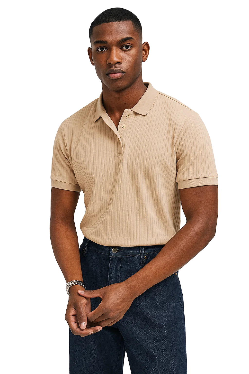 Vertical Stripe Knit Polo Men’s Shirt - Slim Fit Solid Color Breathable Short Sleeve Summer Top