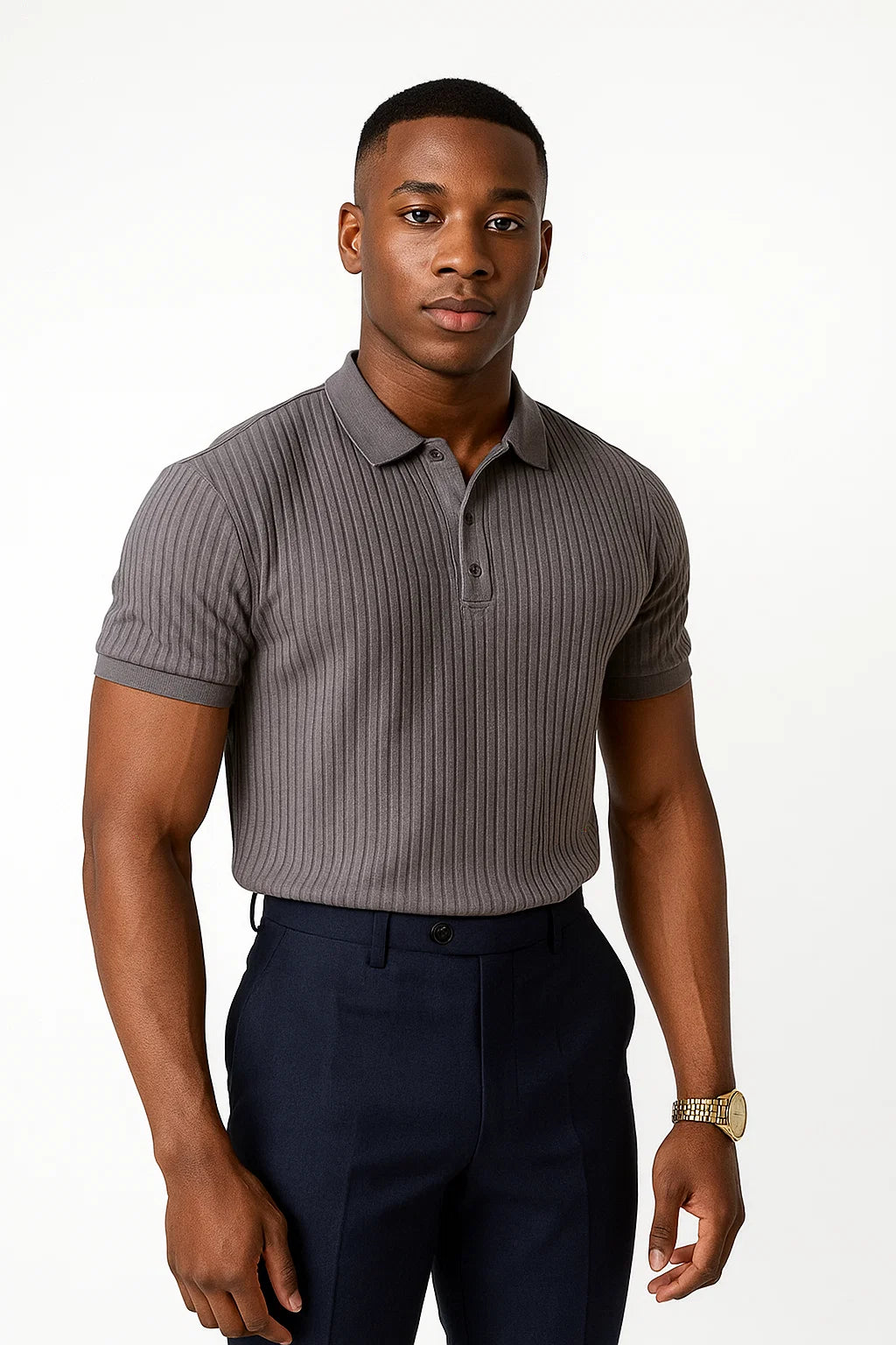 Vertical Stripe Knit Polo Men’s Shirt - Slim Fit Solid Color Breathable Short Sleeve Summer Top