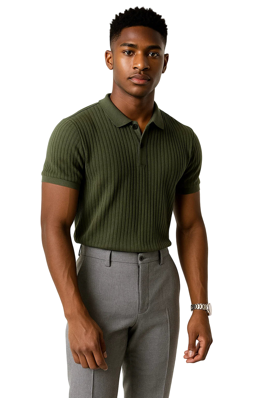 Vertical Stripe Knit Polo Men’s Shirt - Slim Fit Solid Color Breathable Short Sleeve Summer Top