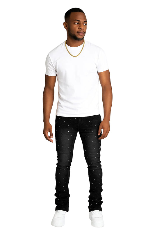 Men's Layered Pearl Stacked Denim Jeans - Straight-Leg Stretch Fit | Fashion Streetwear Stacked Jeans