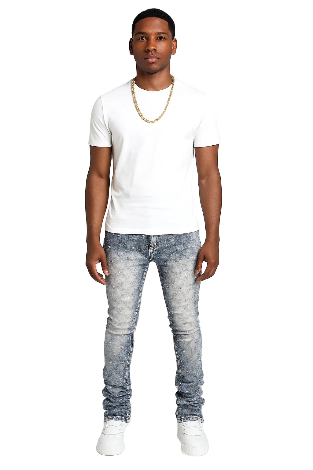 Men's Layered Pearl Stacked Denim Jeans - Straight-Leg Stretch Fit | Fashion Streetwear Stacked Jeans