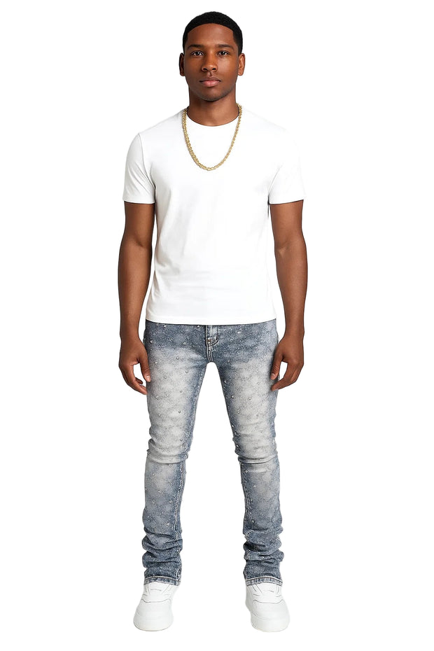 Men's Layered Pearl Stacked Denim Jeans - Straight-Leg Stretch Fit | Fashion Streetwear Stacked Jeans