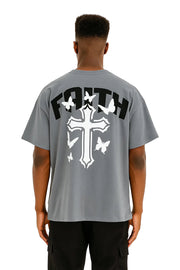 Faith Oversized Drop Shoulder T-Shirt, Premium Cotton Streetwear Tee, Unisex Retro Cross Graphic Top, Y2K Hip Hop Fashion Shirt