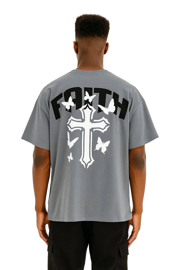 Faith Oversized Drop Shoulder T-Shirt, Premium Cotton Streetwear Tee, Unisex Retro Cross Graphic Top, Y2K Hip Hop Fashion Shirt