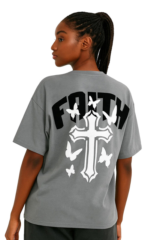 Faith Oversized Drop Shoulder T-Shirt, Premium Cotton Streetwear Tee, Unisex Retro Cross Graphic Top, Y2K Hip Hop Fashion Shirt