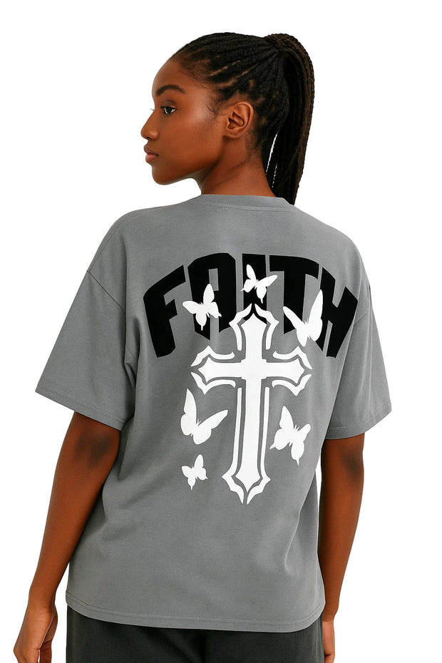 Faith Oversized Drop Shoulder T-Shirt, Premium Cotton Streetwear Tee, Unisex Retro Cross Graphic Top, Y2K Hip Hop Fashion Shirt