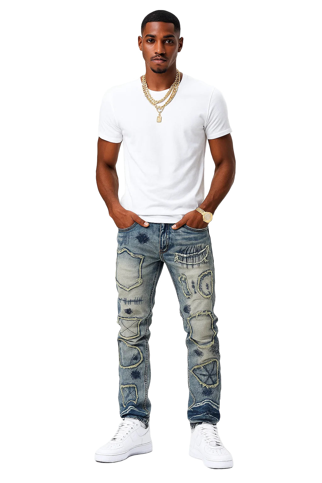 Men’s Bootcut Patchwork Jeans - Vintage Stacked Denim Jeans | Streetwear Embroidery Patched Released Hem Stacked Jeans