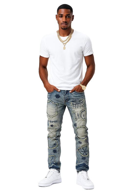 Men’s Bootcut Patchwork Jeans - Vintage Stacked Denim Jeans | Streetwear Embroidery Patched Released Hem Stacked Jeans