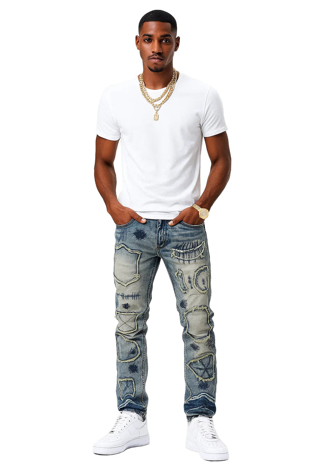 Men’s Bootcut Patchwork Jeans - Vintage Stacked Denim Jeans | Streetwear Embroidery Patched Released Hem Stacked Jeans