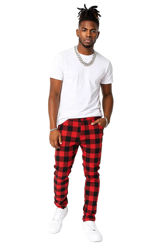 Men’s Red Plaid Slim Jeans - Fashion Printed Stretch Denim Pants | Straight-leg Jeans Streetwear Fashion