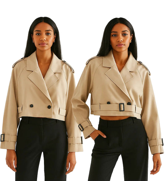 Belted Cropped Trench Jacket - Women’s Vintage Double Breasted Streetwear Coat, Spring Casual Outwear