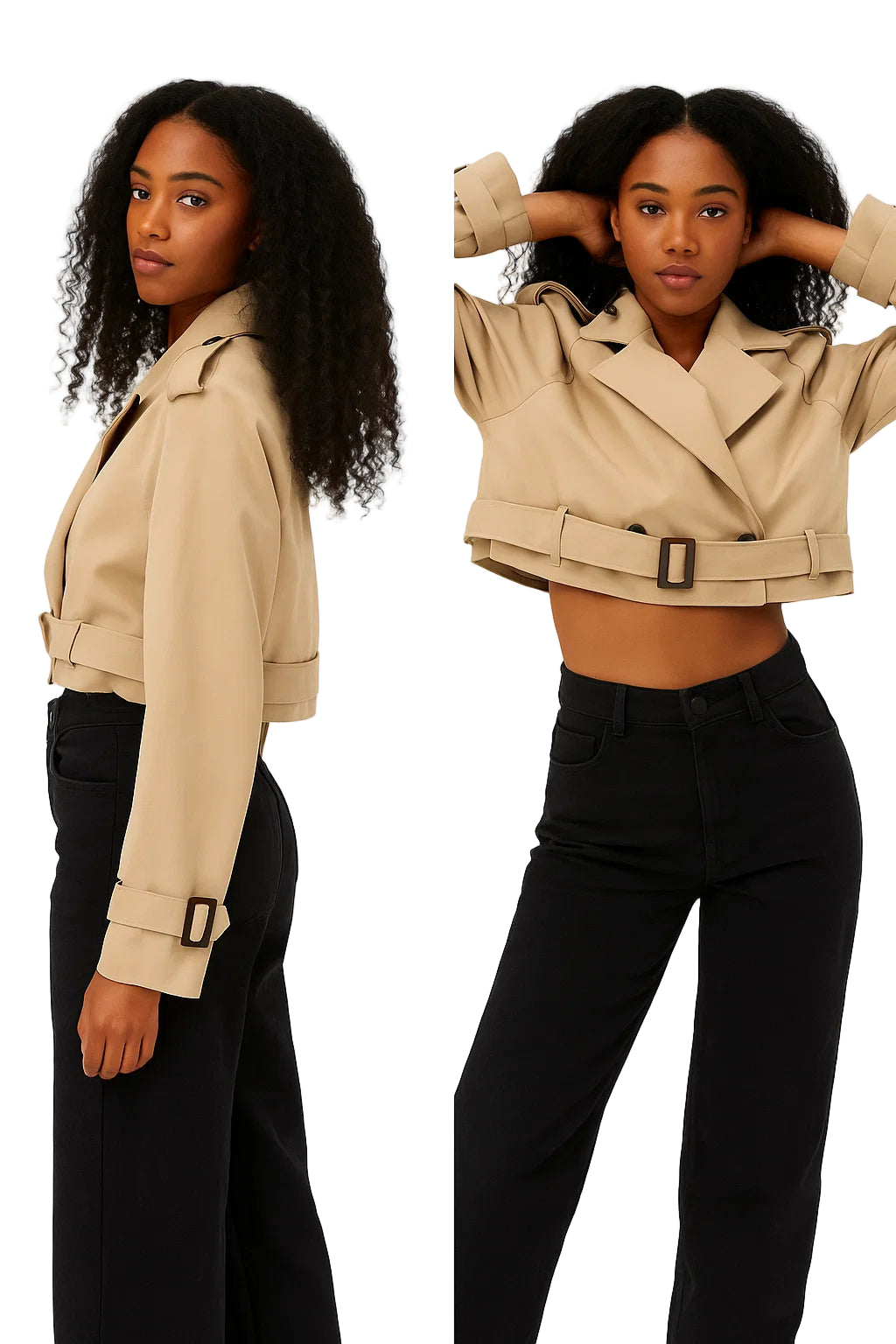 Belted Cropped Trench Jacket - Women’s Vintage Double Breasted Streetwear Coat, Spring Casual Outwear