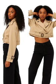 Belted Cropped Trench Jacket - Women’s Vintage Double Breasted Streetwear Coat, Spring Casual Outwear
