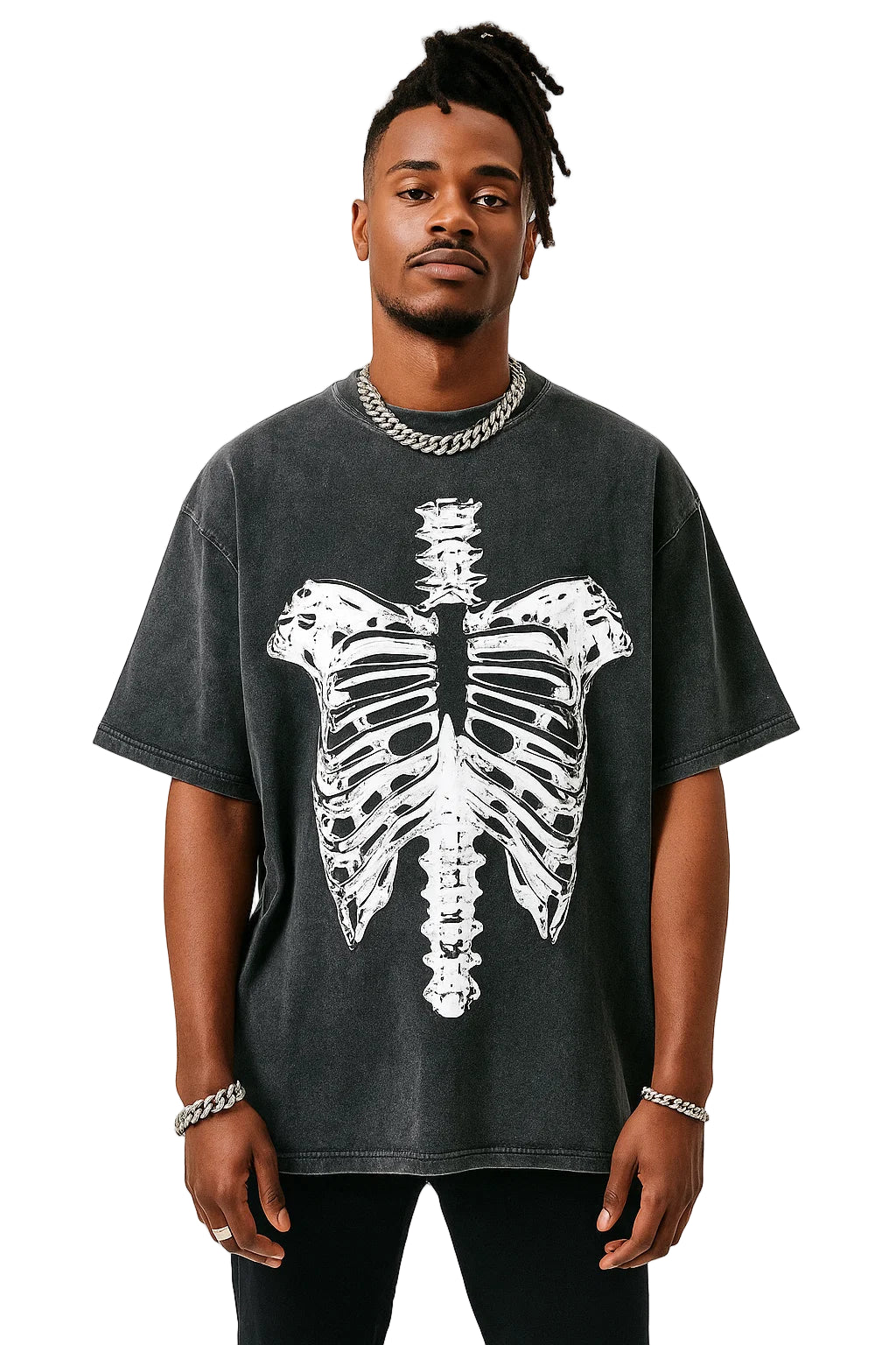 Neverdy Ribs Oversized Snow Wash T-Shirt – Vintage Distressed Skeleton Graphic Tee, Heavyweight Streetwear