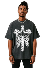 Neverdy Ribs Oversized Snow Wash T-Shirt – Vintage Distressed Skeleton Graphic Tee, Heavyweight Streetwear