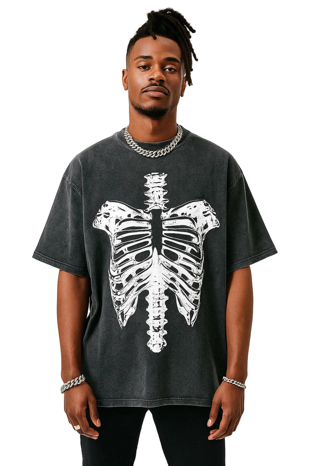Neverdy Ribs Oversized Snow Wash T-Shirt – Vintage Distressed Skeleton Graphic Tee, Heavyweight Streetwear