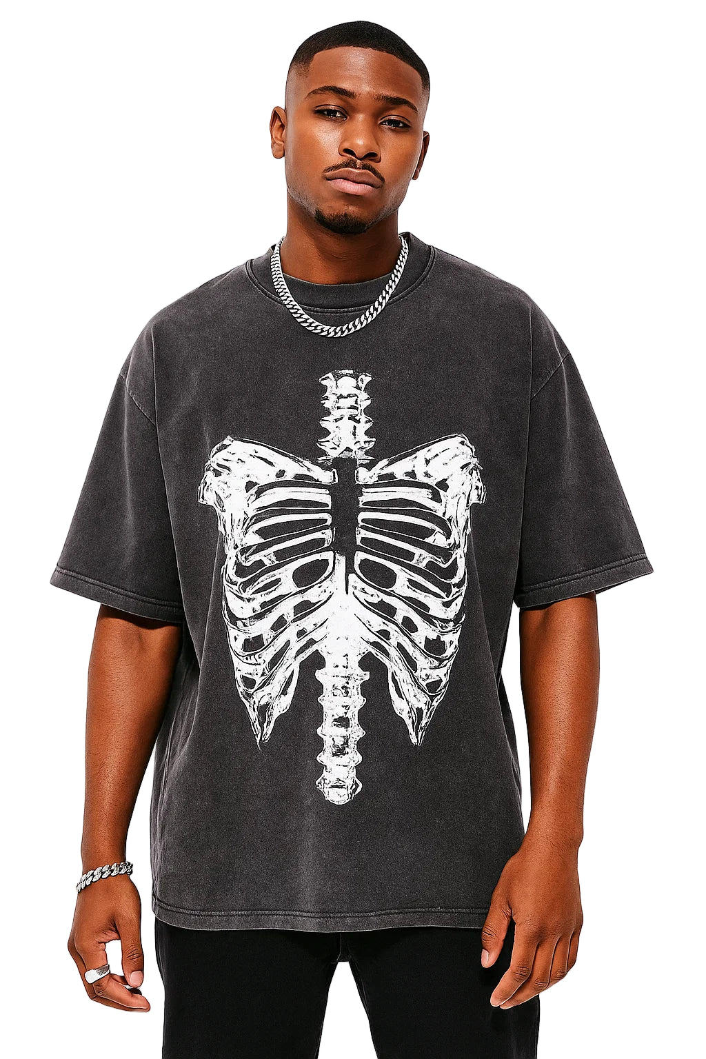 Neverdy Ribs Oversized Snow Wash T-Shirt – Vintage Distressed Skeleton Graphic Tee, Heavyweight Streetwear