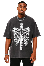 Neverdy Ribs Oversized Snow Wash T-Shirt – Vintage Distressed Skeleton Graphic Tee, Heavyweight Streetwear