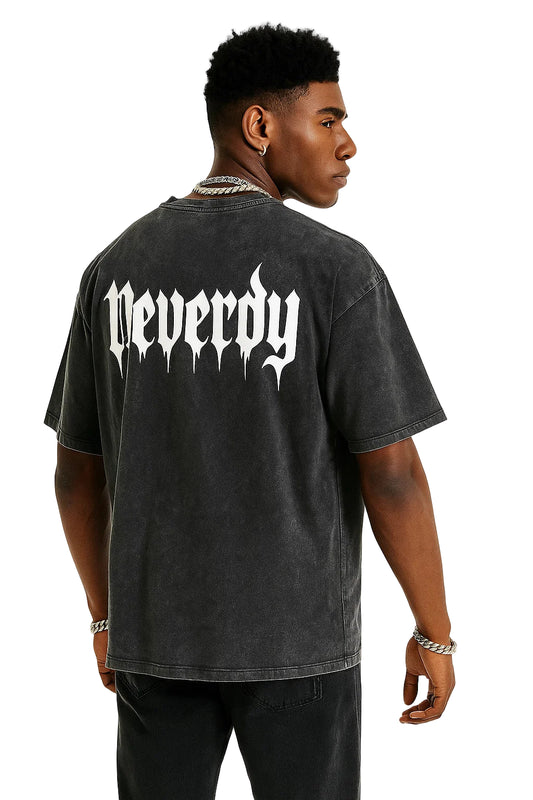 Neverdy Ribs Oversized Snow Wash T-Shirt – Vintage Distressed Skeleton Graphic Tee, Heavyweight Streetwear