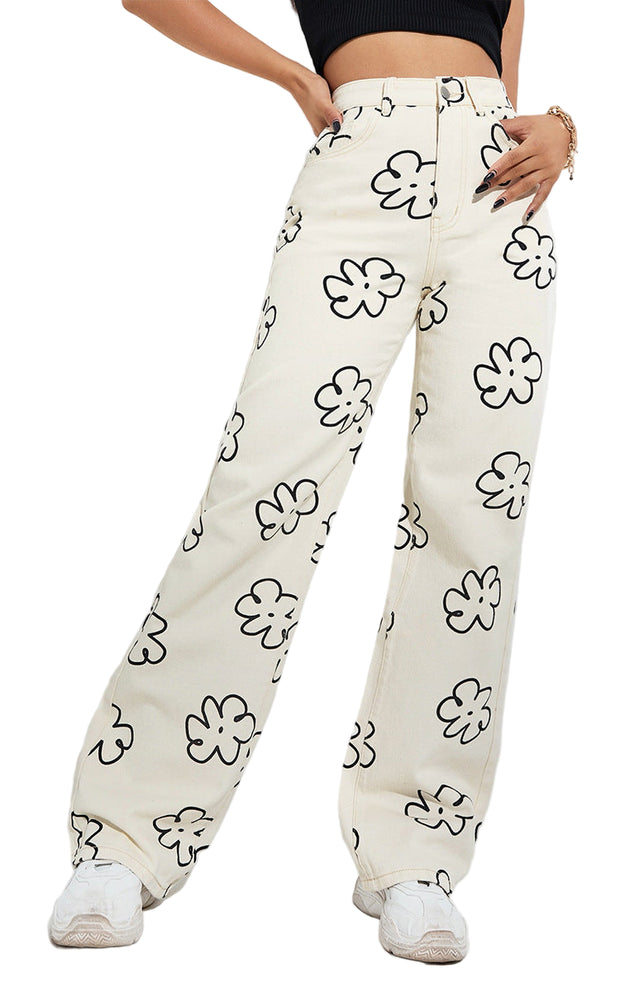 Retro Bloom Loose Straight-Leg Jeans, White Washed Cotton Denim, Minimalist Wide Fit Pants, Vintage Streetwear, Floral Women's Jeans