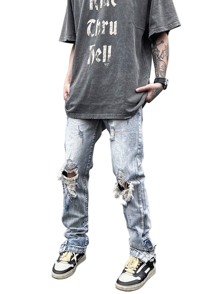 Bleach Fade Snap-Slit Ripped Jeans – Light Blue Streetwear Denim, Distressed Skinny Fit, GOAT Urban Streetwear Fashion Jeans