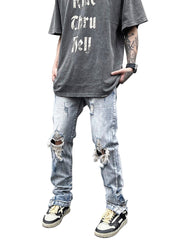 Bleach Fade Snap-Slit Ripped Jeans – Light Blue Streetwear Denim, Distressed Skinny Fit, GOAT Urban Streetwear Fashion Jeans