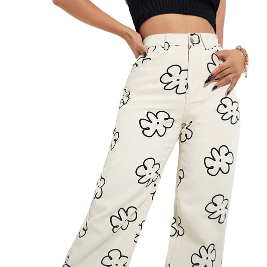 Retro Bloom Loose Straight-Leg Jeans – White Washed Cotton Denim, Minimalist Wide Fit Pants, Vintage Aesthetic Streetwear, Flower Pattern Women's Jeans