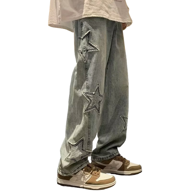 Nightstar Y2K Baggy Star Patch Jeans for Men – Vintage Straight Leg Denim, 2000s Streetwear Aesthetic, Retro Hip Hop Embroidered Jeans