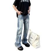 Static Denim Light Blue Ripped Jeans, Distressed Straight-Leg, Mid Waist Grunge Denim, Vintage Men’s Casual Streetwear, Korean Style Jeans