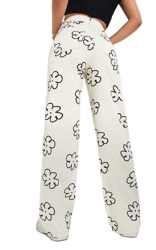 Retro Bloom Loose Straight-Leg Jeans – White Washed Cotton Denim, Minimalist Wide Fit Pants, Vintage Aesthetic Streetwear, Flower Pattern Women's Jeans